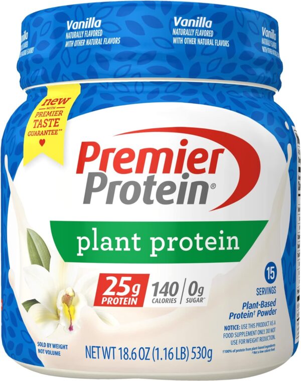 Premier Protein Powder Plant Protein, Vanilla, 25g Plant-Based Protein, 0g Sugar, Gluten Free, No Soy or Dairy Ingredients, 15 Servings