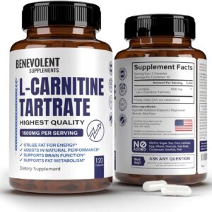 Premium L-Carnitine Tartrate Supplement - 1500mg - Utilize Fat for Energy with Tartrate, Lean Muscle Gain, Boost Natural Energy, Support Metabolism & Fatigue - 120 Non-GMO Pure L Carnitine Capsules