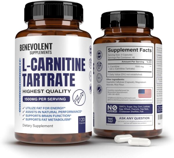 Premium L-Carnitine Tartrate Supplement - 1500mg - Utilize Fat for Energy with Tartrate, Lean Muscle Gain, Boost Natural Energy, Support Metabolism & Fatigue - 120 Non-GMO Pure L Carnitine Capsules