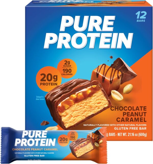 Pure Protein Chocolate Peanut Caramel Bars - 12 Count Box | 21g High Protein, Gluten-Free, On-the-Go Snack | Ideal Pre & Post-Workout Fuel | Low Sugar, Great Taste!