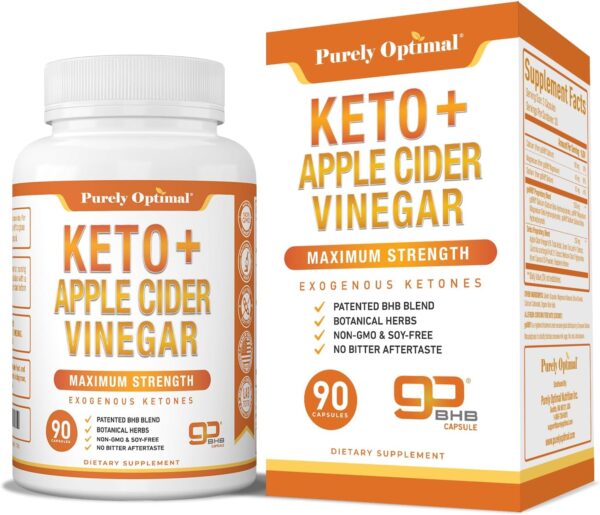 Purely Optimal Keto BHB + Apple Cider Vinegar Capsules with The Mother - Keto Diet Support, BHB Exogenous Ketones for Ketosis, Energy & Focus - Keto ACV Supplement for Women & Men - 90 Capsules