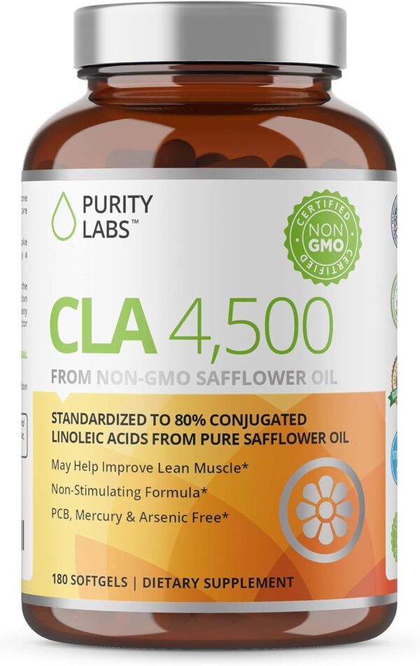 Purity Labs CLA Supplements 4500MG - Non-GMO Safflower Oil - Supports Energy, Weight Loss, Heart Health, and Muscle Health - 180 Soft gels