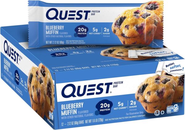 Quest Nutrition Blueberry Muffin Protein Bars, High Protein, Low Carb, Gluten Free, Keto Friendly, 12 Count (Pack of 1)
