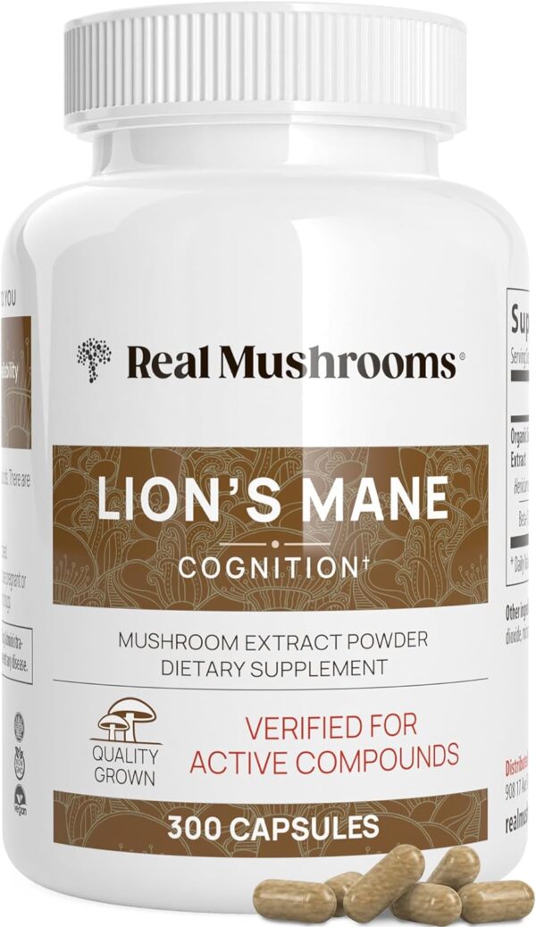 Real Mushrooms Lion’s Mane Capsules - Organic Lions Mane Mushroom Extract for Cognitive Function & Immune Support - Brain Mushroom Supplements for Memory and Focus - Vegan, 300 Caps