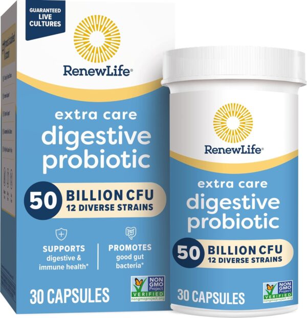 Renew Life Extra Care Digestive Probiotic Capsules, 50 Billion CFU Guaranteed, Daily Supplement Supports Immune, Digestive, Respiratory Health(1), L. Rhamnosus GG, Dairy, Soy and Gluten-Free, 30 Count