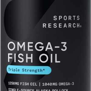 Sports Research Triple Strength Omega 3 Fish Oil 1250mg from Wild Alaska Pollock - Burpless Fish Oil Supplement with Omega3s EPA & DHA - Sustainably Sourced, Non-GMO, Gluten Free - 30 Softgels
