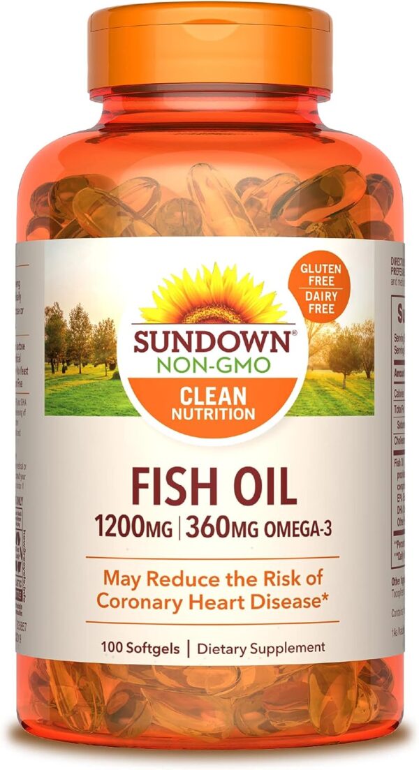 Sundown Fish Oil 1200 mg, Omega-3 Dietary Supplement, Supports Heart Health, 100 Softgels (Packaging May Vary)
