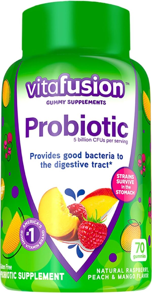 Vitafusion Probiotic Gummy Supplements, Raspberry, Peach and Mango Flavors, Probiotic Nutritional Supplements with 5 Billion CFUs, America’s Number 1 Gummy Vitamin Brand, 35 Day Supply, 70 Count