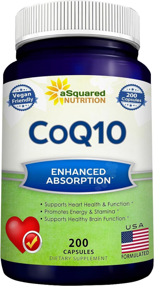 aSquared Nutrition CoQ10 (400mg Max Strength, 200 Capsules) - High Absorption Vegan Coenzyme Q10 Powder - Ubiquinone Supplement Pills, Extra Antioxidant CO Q-10 Enzyme Vitamin Tablets, Coq 10 400 mg