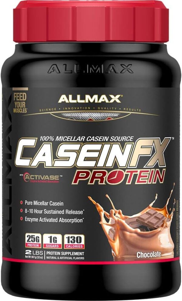 ALLMAX CASEIN-FX Protein, Chocolate - 2 lb - 25 Grams of Slow-Release Protein Per Scoop - Low Carb & Zero Added Sugar - Approx. 27 Servings