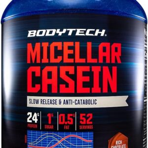BODYTECH Micellar Casein Protein Powder, Slow Release for Overnight Muscle Recovery - 24 Grams of Protein per Serving - Rich Chocolate (4 Pound)