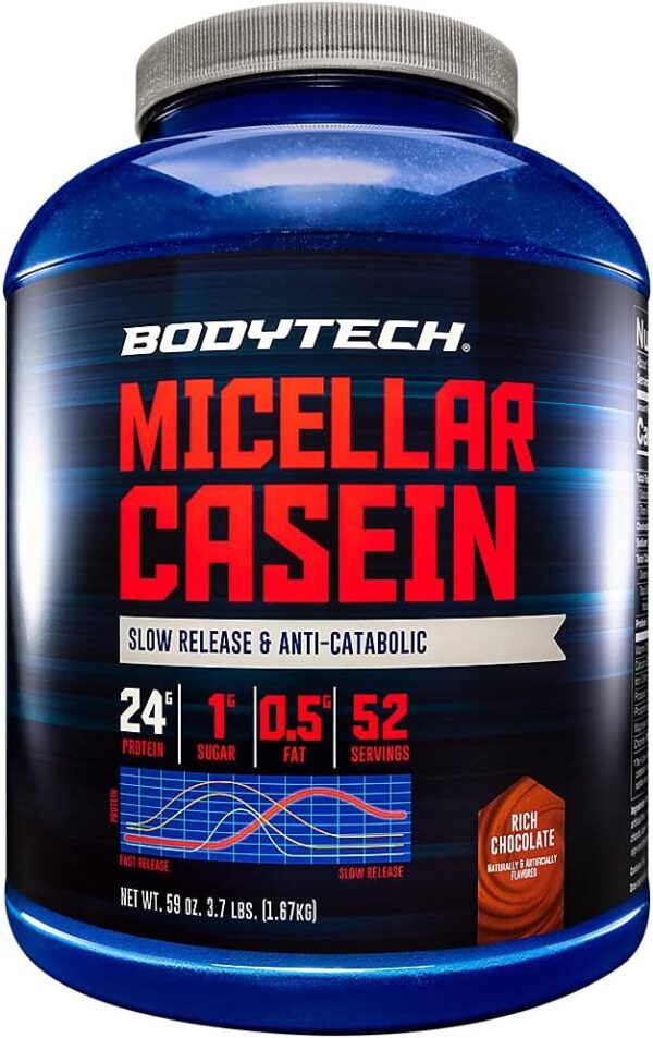 BODYTECH Micellar Casein Protein Powder, Slow Release for Overnight Muscle Recovery - 24 Grams of Protein per Serving - Rich Chocolate (4 Pound)