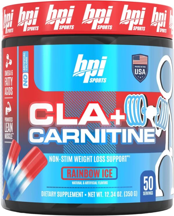 BPI Sports CLA + Carnitine – Conjugated Linoleic Acid – Performance, Lean Muscle – Caffeine Free – For Men & Women – Rainbow Ice – 50 servings – 12.34 Oz. (Packaging may vary)