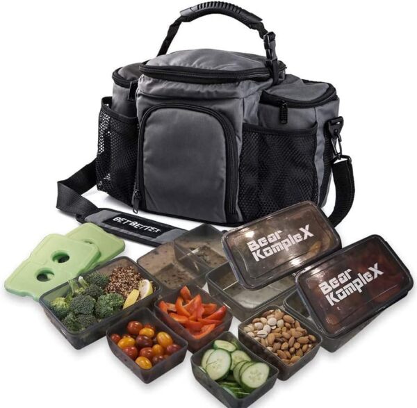 Bear KompleX Insulated Meal Prep Management Lunch Bag, 6 Compartment Lunch Box Cooler Tote with 3 Microwave Dishwasher Safe Portion Control Containers, Reusable Ice Pack, Free Recipe E-Book Included