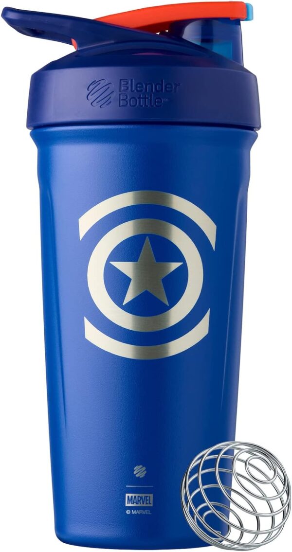 BlenderBottle Marvel Strada Shaker Cup Insulated Stainless Steel Water Bottle with Wire Whisk, 24-Ounce, Captain America Shield