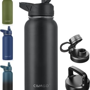 CIVAGO 32 oz Insulated Water Bottle With Straw, Stainless Steel Sports Water Cup Flask with 3 Lids (Straw, Spout and Handle Lid), Wide Mouth Travel Thermal Mug, Black