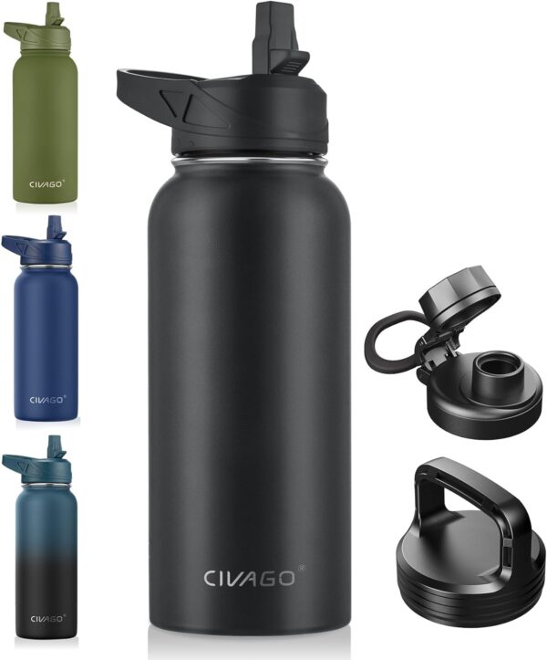 CIVAGO 32 oz Insulated Water Bottle With Straw, Stainless Steel Sports Water Cup Flask with 3 Lids (Straw, Spout and Handle Lid), Wide Mouth Travel Thermal Mug, Black