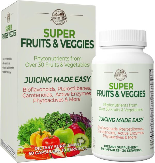 COUNTRY FARMS Super Fruits and Veggies Capsules, Whole Food Supplement, Powerful Antioxidant, Supports Energy, Immune Health, Boosts Digestive Health, 30 Super Foods, 30 Servings