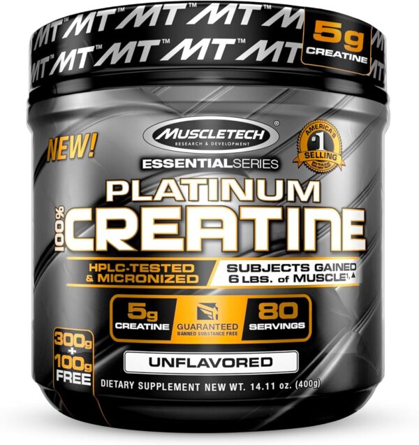 Creatine Monohydrate Powder MuscleTech Platinum Pure Micronized Muscle Recovery + Builder for Men & Women Workout Supplements Unflavored (80 Servings)