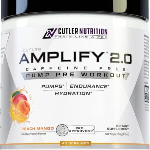 Cutler Nutrition Amplify 2.0 Caffeine Free Pre Workout for Men and Women Stimulant Free Muscle Pump Enhancer with Nitrates (Arginine Nitrate), Coconut Water, and L-Citrulline, Peach Mango Flavor