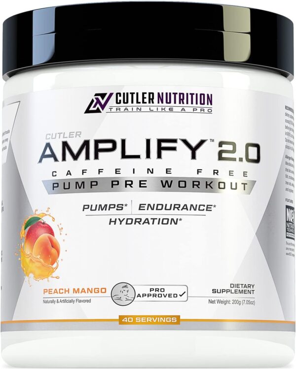 Cutler Nutrition Amplify 2.0 Caffeine Free Pre Workout for Men and Women Stimulant Free Muscle Pump Enhancer with Nitrates (Arginine Nitrate), Coconut Water, and L-Citrulline, Peach Mango Flavor