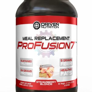 Driven Pro Fusion 7 Meal Replacement Powder - Men & Women, 3 lbs - 24g Protein Per Serving, Digestive Enzymes & MCT Oil - Gluten-Free - On-The-Go Energy & Supports Muscle Mass - Strawberry Milkshake