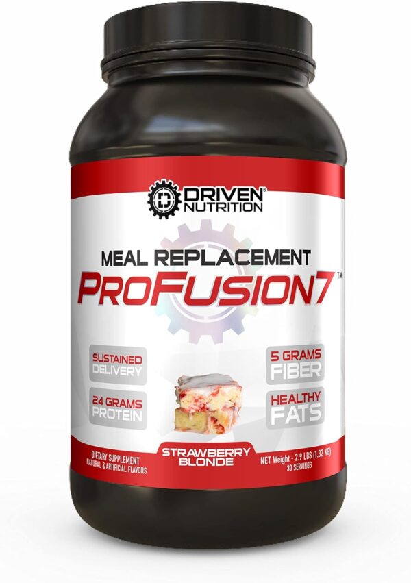 Driven Pro Fusion 7 Meal Replacement Powder - Men & Women, 3 lbs - 24g Protein Per Serving, Digestive Enzymes & MCT Oil - Gluten-Free - On-The-Go Energy & Supports Muscle Mass - Strawberry Milkshake
