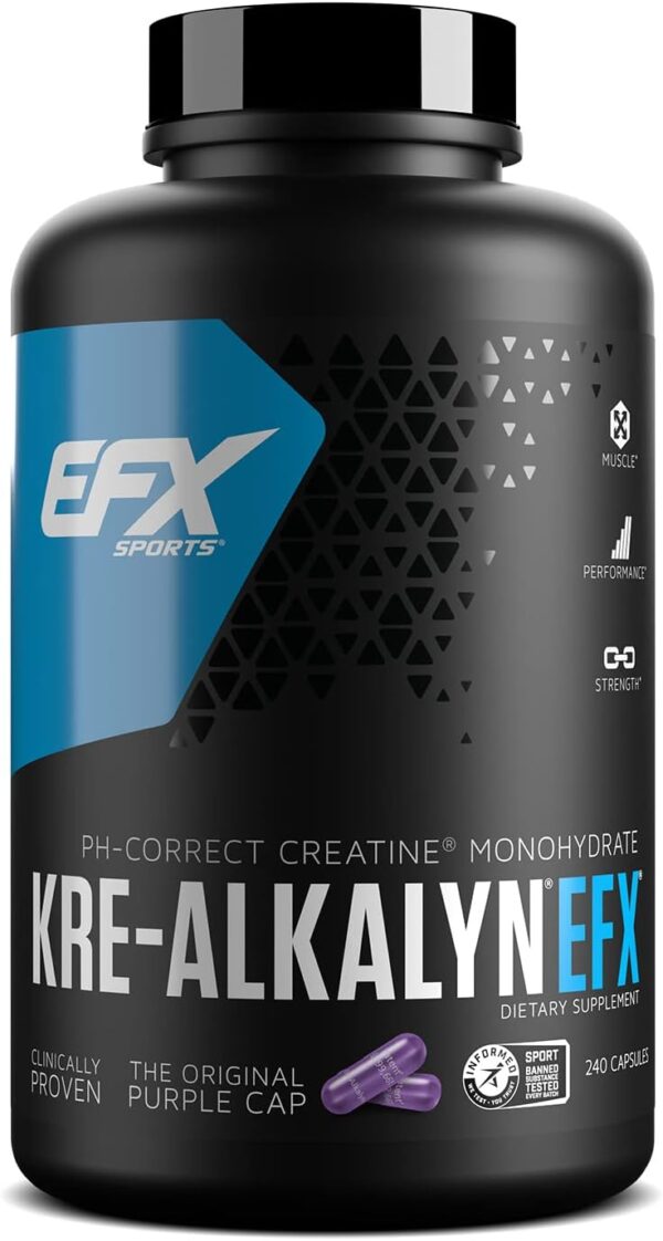 EFX Sports Kre-Alkalyn EFX | pH Correct Creatine Monohydrate Pill Supplement | Strength, Muscle Growth & Performance | 120 Servings, 240 Capsules