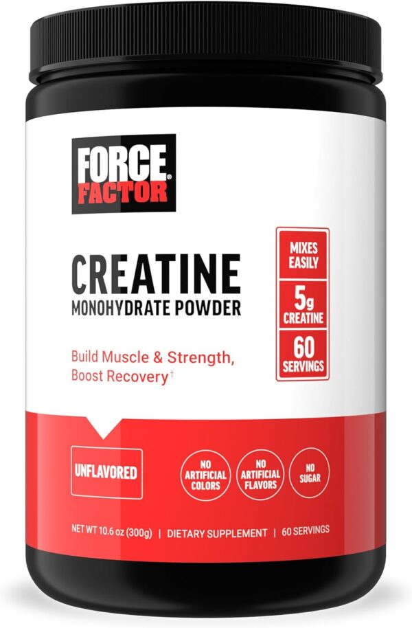 FORCE FACTOR Creatine Monohydrate, Creatine Powder for Muscle Gain, More Strength, and Faster Workout Recovery, Clinically Studied Micronized Creatine 5g Dose Per Serving, Unflavored, 60 Servings