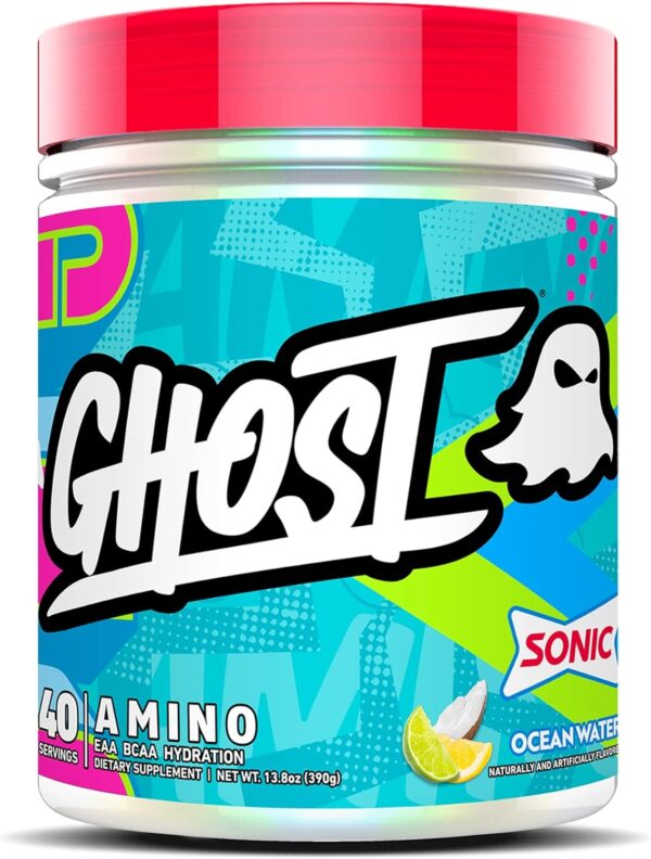 GHOST Amino: Essential Amino Acid Supplement, Sonic Ocean Water - 40 Servings - Intra-Workout Powder for Hydration and Recovery 4.5g BCAA & 5.5g EAA - Soy & Gluten-Free, Vegan
