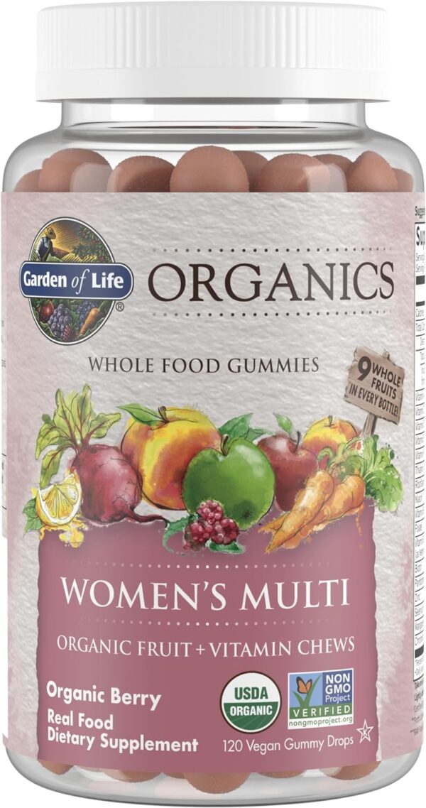 Garden of Life Organics Women's Gummy Vitamins - Berry - Certified Organic, Non-GMO, Vegan, Kosher Complete Multi - Methyl B12, C & D3 - Gluten, Soy & Dairy Free, 120 Real Fruit Gummies