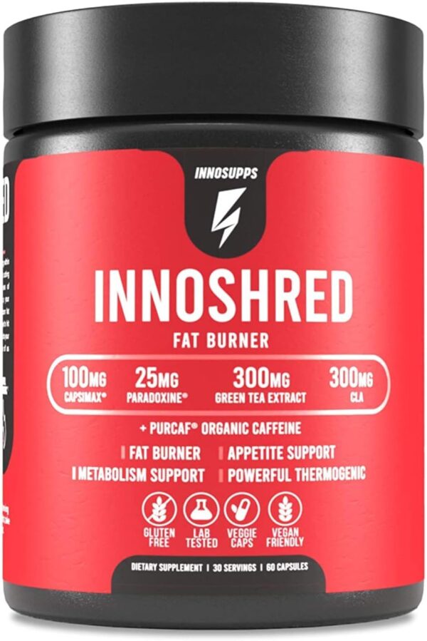 Inno Shred - Day Time Fat Burner | 100mg Capsimax, Grains of Paradise, Organic Caffeine, Green Tea Extract, Appetite Suppressant, Weight Loss Support (60 Veggie Capsules) | (with Stimulant)