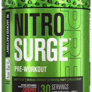 Jacked Factory NITROSURGE Pre Workout Supplement - Endless Energy, Instant Strength Gains, Clear Focus, Intense Pumps - NO Booster & Preworkout Powder with Beta Alanine - 30 Servings, Cherry Limeade