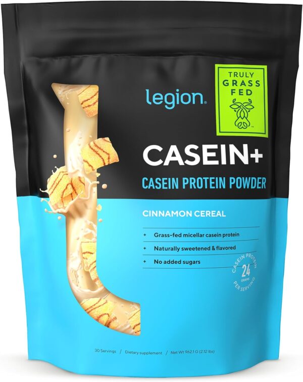 LEGION Casein+ Casein Protein Powder (Cinnamon Cereal) - Slow-Release Micellar Casein Protein Powder - Non-GMO, Gluten-Free & Naturally Sweetened Casein Powder from Grass-Fed Cows (30 Servings)