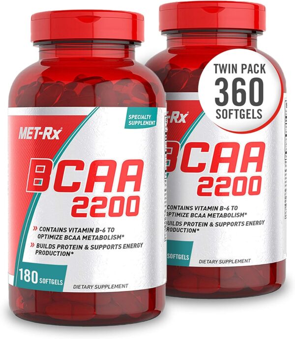 MET-Rx BCAA 2200 Amino Acid Supplement, Supports Muscle Recovery, 180 Softgels, 2 Pack (360 Total Count)