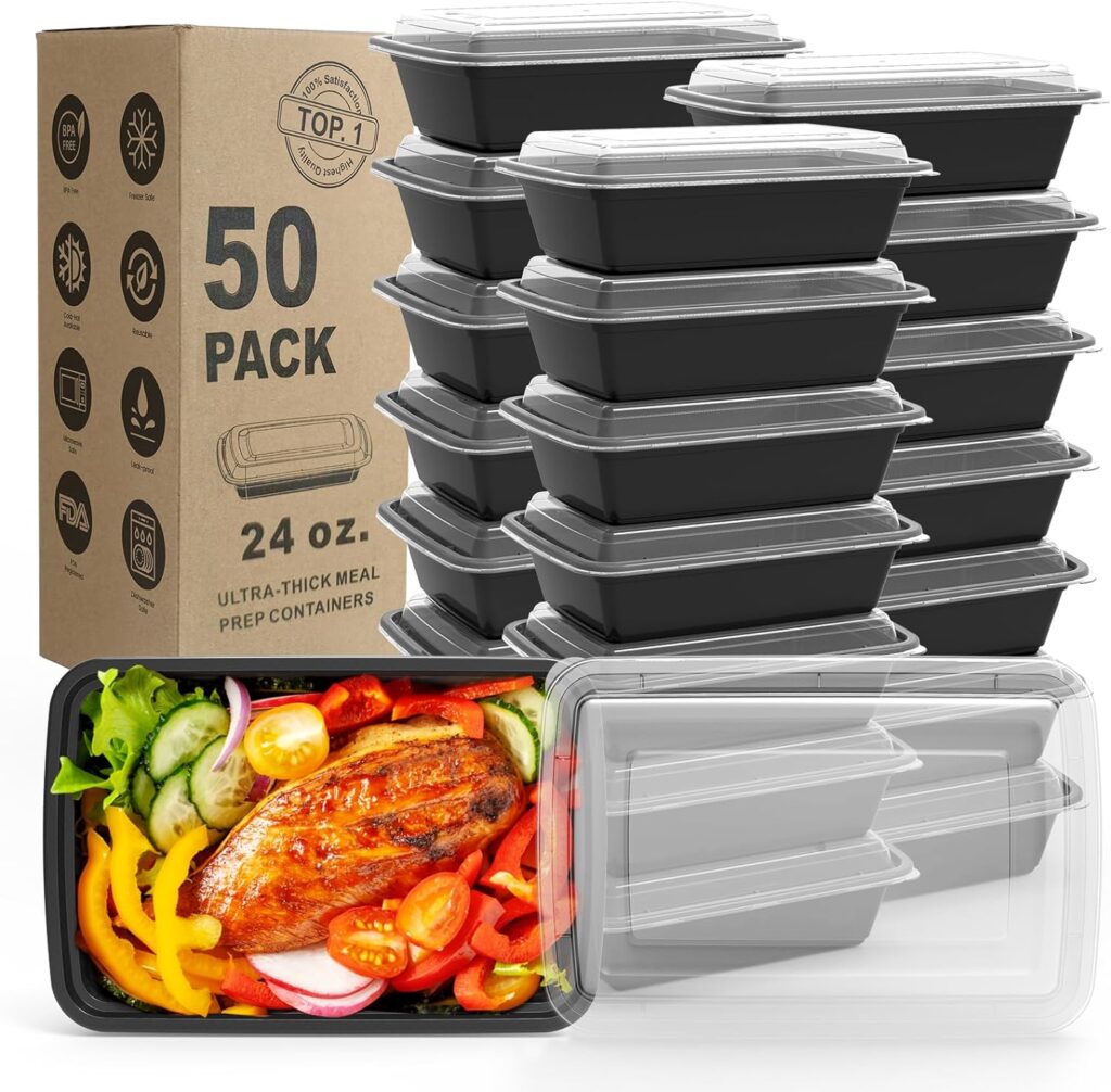  Meal Prep Containers, 50 Pack Extra-thick Food Storage Containers with Lids, Disposable & Reusable Plastic Bento Lunch Box, BPA Free, Stackable, Microwave/Dishwasher/Freezer Safe (24 oz) 