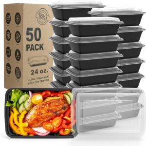 Meal Prep Containers, 50 Pack Extra-thick Food Storage Containers with Lids, Disposable & Reusable Plastic Bento Lunch Box, BPA Free, Stackable, Microwave/Dishwasher/Freezer Safe (24 oz)