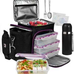 Meal Prep Lunch Box - 8 piece set - Insulated Container For Women or Men - 3 Bento style boxes (BPA Free) in Large Lunch Bag- Microwave Safe - Includes Fork, Spoon, Thermos & 2 Ice Packs - A2S