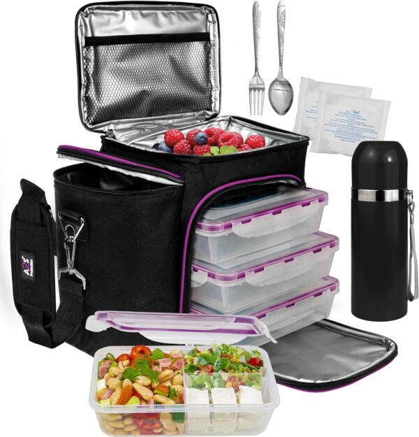 Meal Prep Lunch Box - 8 piece set - Insulated Container For Women or Men - 3 Bento style boxes (BPA Free) in Large Lunch Bag- Microwave Safe - Includes Fork, Spoon, Thermos & 2 Ice Packs - A2S