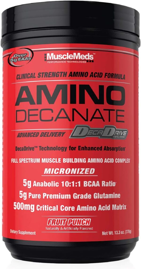 MuscleMeds Amino DECANATE, Intra, Post Workout Drink, Full Spectrum Amino Acid Complex, Leucine, Muscle Recovery, Fruit Punch, 30 Servings