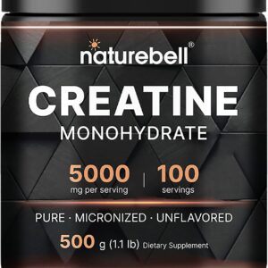 NatureBell Creatine Monohydrate Powder 500 Grams, 5000mg Per Serving, Pure Unflavored Creatine Powder - Micronized - Pre Workout | Keto | Vegan | Dissolves Easy | Filler Free - 100 Servings (1.1Lb)