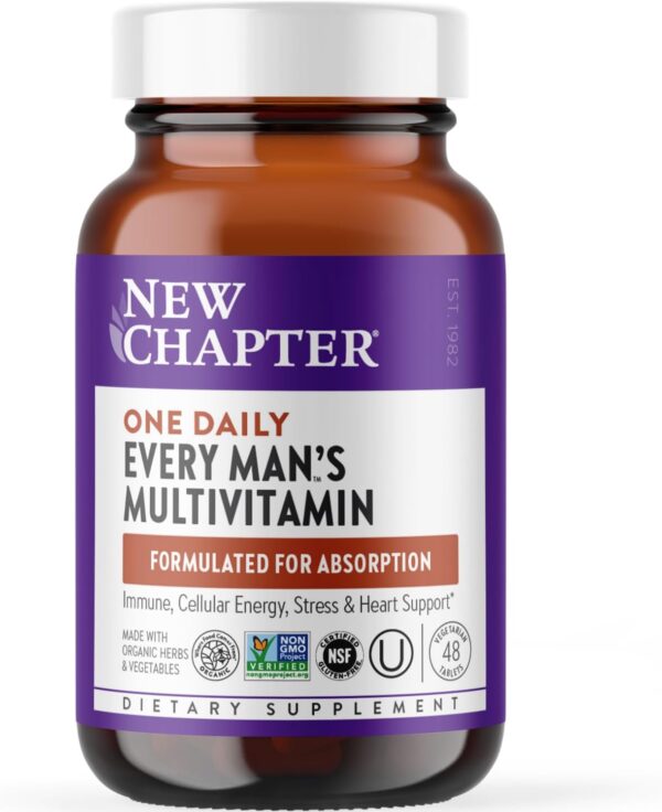 New Chapter Men's Multivitamin for Immune, Stress, Heart + Energy Support with Fermented Nutrients - Every Man's One Daily, Made with Organic Vegetables & Herbs, Non-GMO, Gluten Free - 48 ct
