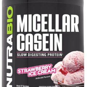 NutraBio Micellar Casein - Protein Powder, 2 lbs Strawberry Ice Cream - Slow Digesting - Muscle Growth - Essential Amino Acids - Non-GMO - Gluten & Soy Free