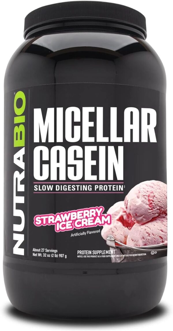 NutraBio Micellar Casein - Protein Powder, 2 lbs Strawberry Ice Cream - Slow Digesting - Muscle Growth - Essential Amino Acids - Non-GMO - Gluten & Soy Free