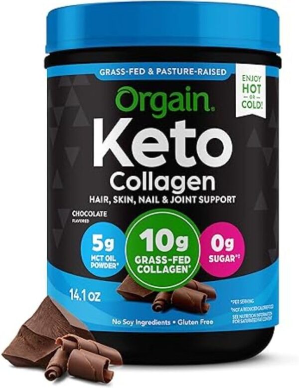 Orgain Keto Collagen Protein Powder, Chocolate - 10g Grass Fed Hydrolyzed Collagen Peptides Type 1 & 3, 10g Protein, 5g MCT Oil - Hair, Skin, Nail, & Joint Support, Gluten Free, Paleo - 0.88lb