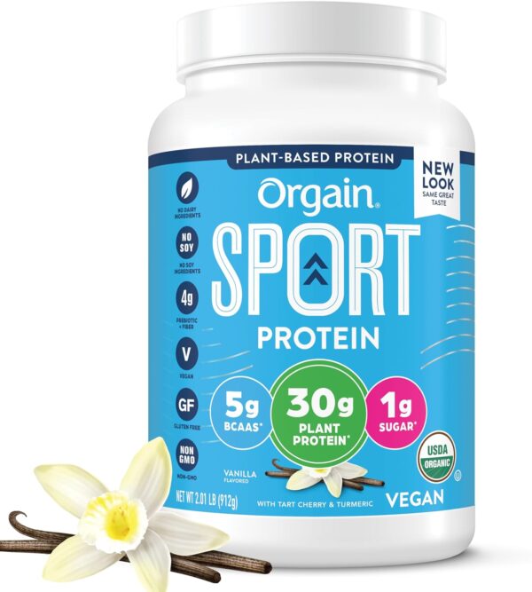 Orgain Organic Sport Vegan Protein Powder, Vanilla - 30g Plant Based Protein, For Pre-Workout or Muscle Recovery, With Turmeric, Ginger, Beets & Chia Seeds, Gluten Free, Dairy Free, Soy Free - 2.01lb