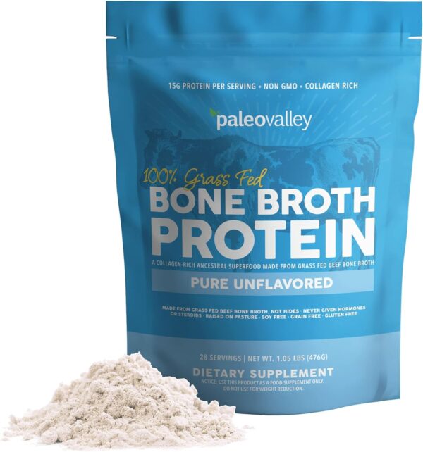 Paleovalley 100% Grass Fed Beef Bone Broth Protein Powder - Rich in Collagen Peptides for Hair, Skin, Gut Health, Bone and Joint Support - 28 Servings, 15g Protein Per Serving - No Gluten or GMOs