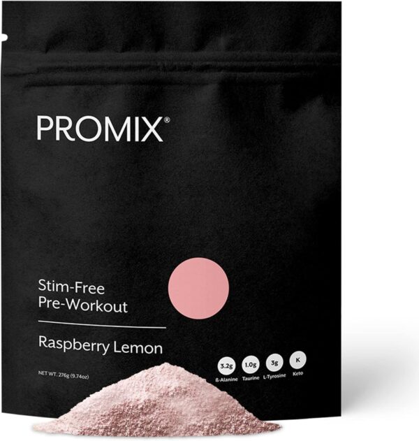Promix Stim-Free Pre-Workout Powder, Raspberry Lemon - 30 Servings, 274g - Maximize Focus, Energy & Performance - Vitamin B12, Taurine, Beta-Alanine & L-Tyrosine - Free of Gluten, Dairy & Caffeine