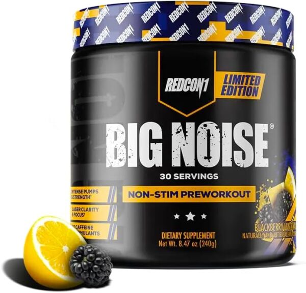 REDCON1 Big Noise Non Stim Preworkout, BlackBerry Lemonade - Betaine Anhydrous & Acetyl L-Carnitine for Focus + Endurance - Keto Friendly, Caffeine Free Pre Workout (30 Servings)