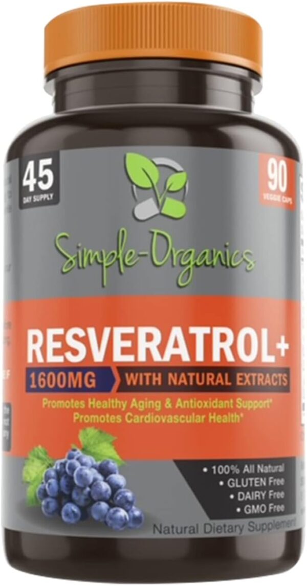 Resveratrol 1600mg per Serving for Pure Extra Strength Complex, Anti-Aging, Radiant Skin, Immunity Support- 90 Capsules